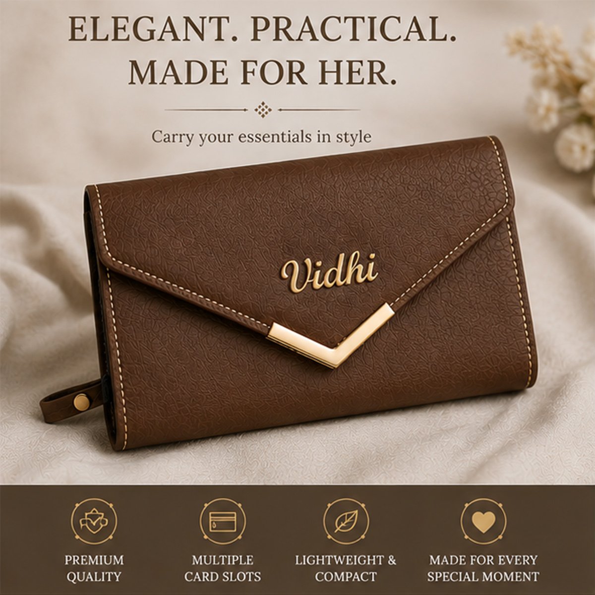 Personalized Leather Women's Envelope Clutch Wallet