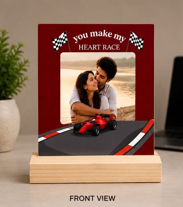 Personalized Anniversary Acrylic Photo Frame with Wooden Stand – Celebrate Love in a Unique Way