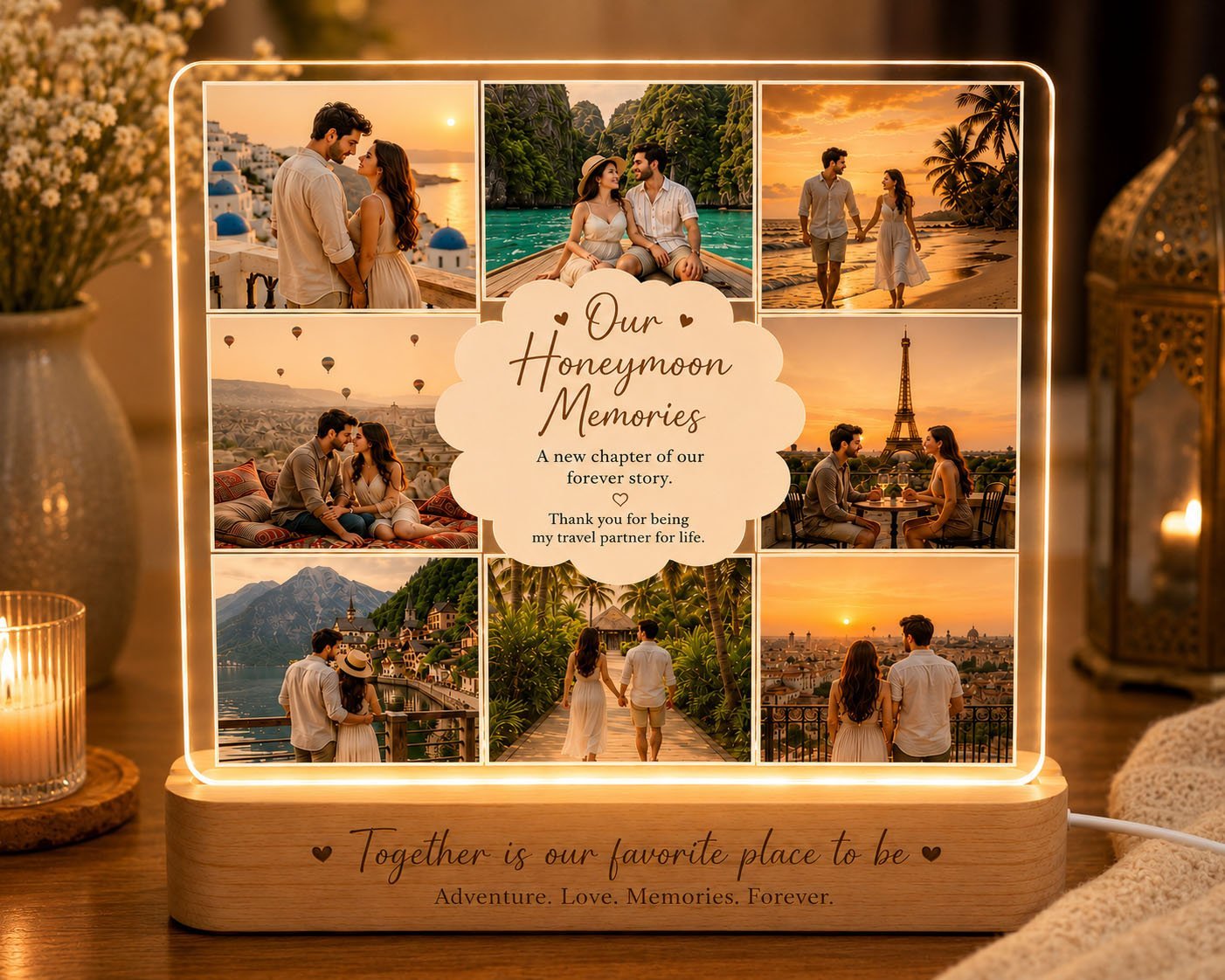 Personalized Honeymoon Memories LED Acrylic Photo Frame – Relive Your Most Romantic Journey
